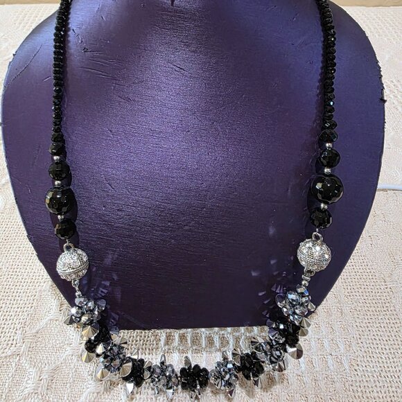 Vintage Black Silver Crystal Bead 3 Piece Convertible Statement Runway Necklace - Picture 8 of 17